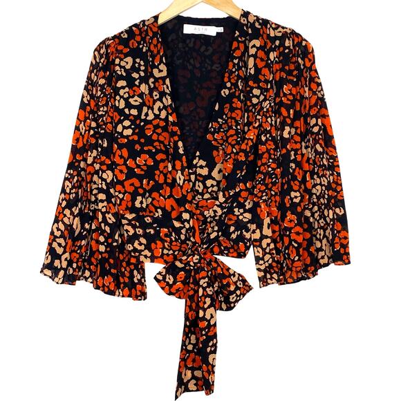 Revolve ASTR Leopard Print Top Womens Sz S Pleated Sleeves Orange Sheer Animal - Picture 1 of 10